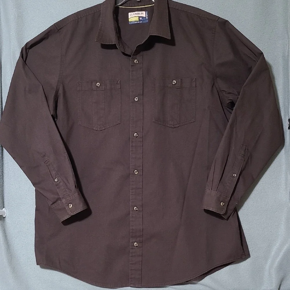 MAGELLAN Men's Dark Brown Long Sleeve Button Up Shirt - Size 2XL